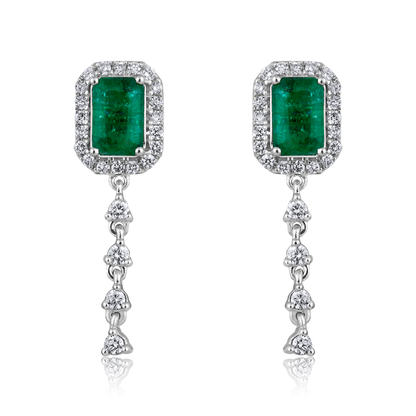Solid Gold 0.5ct Natural Diamond w/ Emerald Chain Drop Stud Earrings