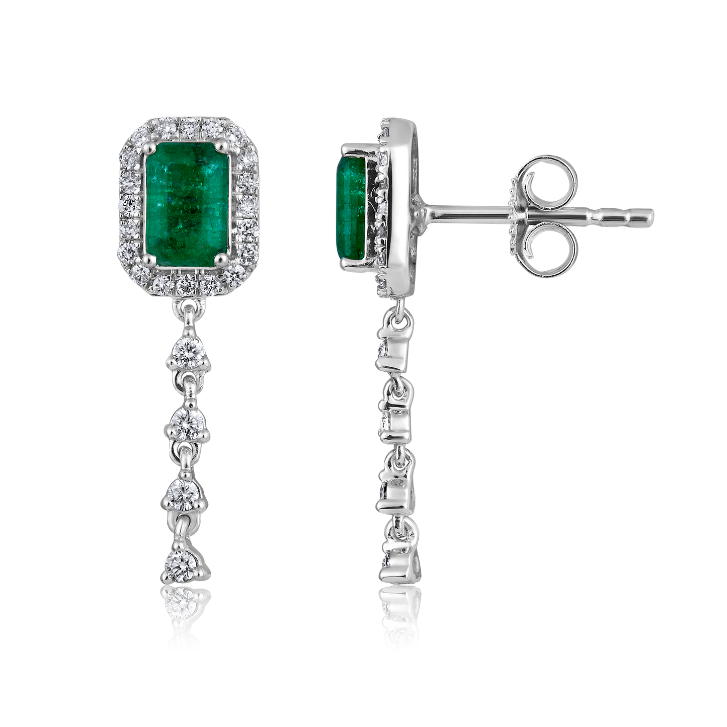Solid Gold 0.5ct Natural Diamond w/ Emerald Chain Drop Stud Earrings