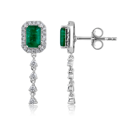 Solid Gold 0.5ct Natural Diamond w/ Emerald Chain Drop Stud Earrings