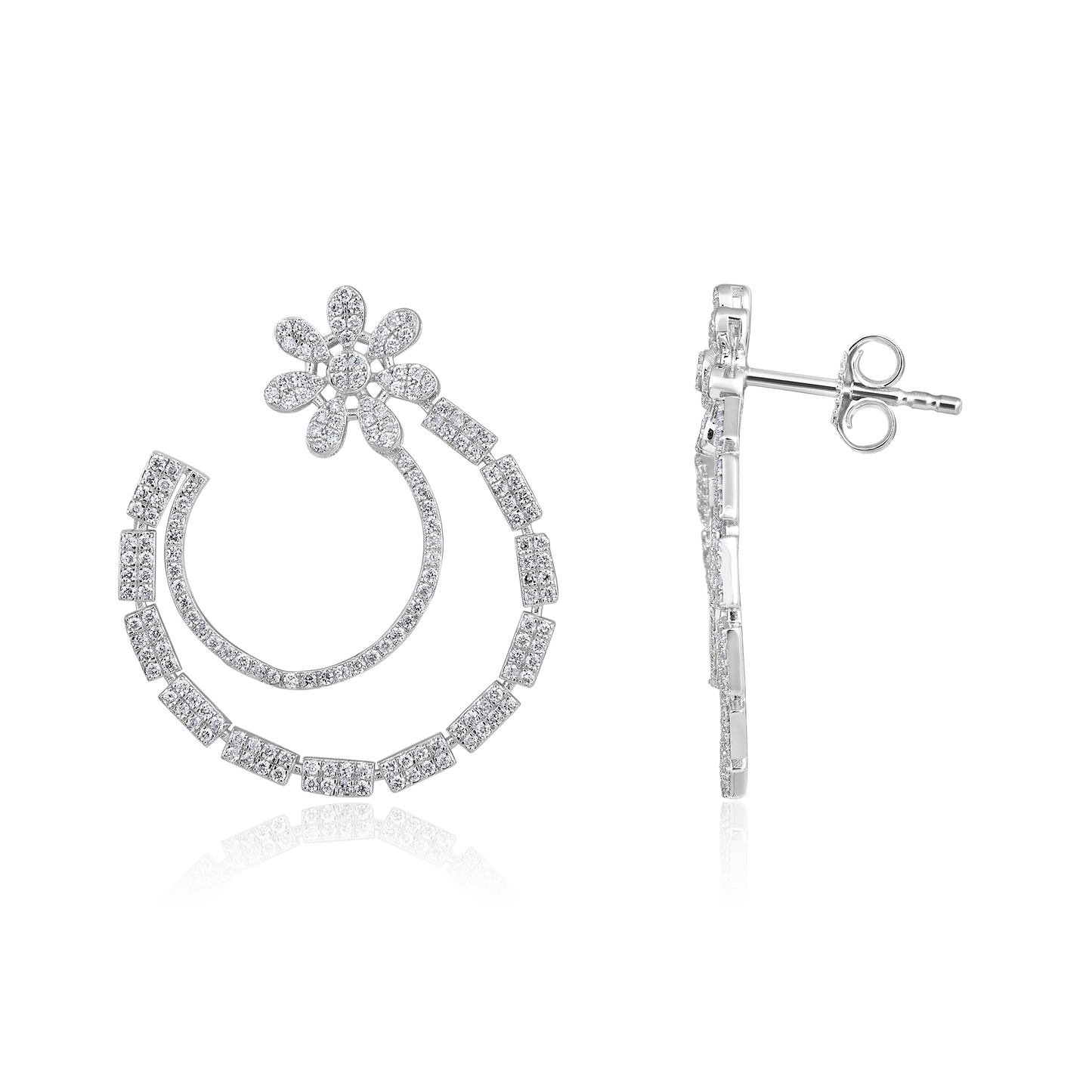 Solid Gold 0.7ct Natural Diamond Floral Moon Round Vintage Stud Earrings