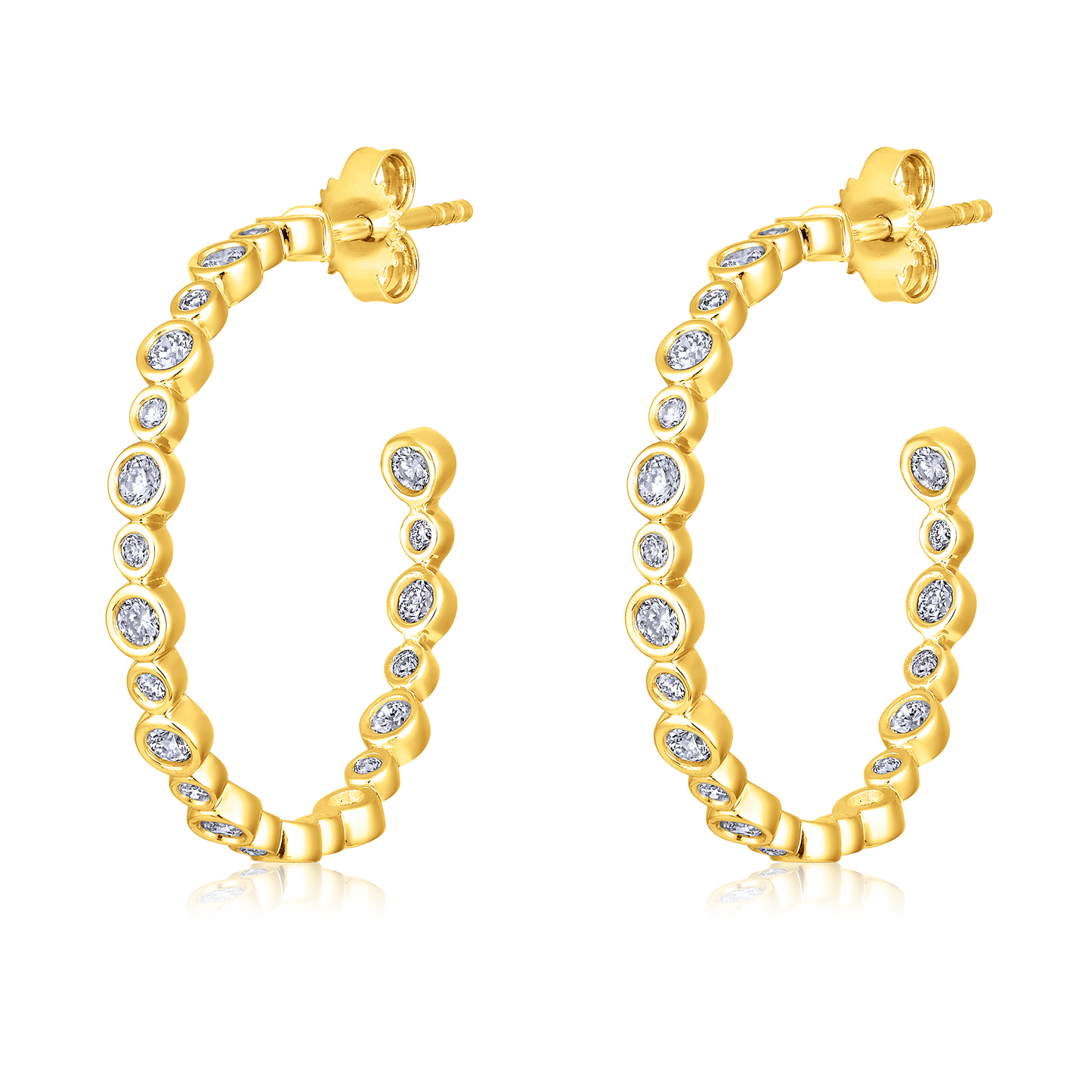 Solid Gold 0.8ct Natural Diamond Open Bezel Bead Hoop Stud Earrings