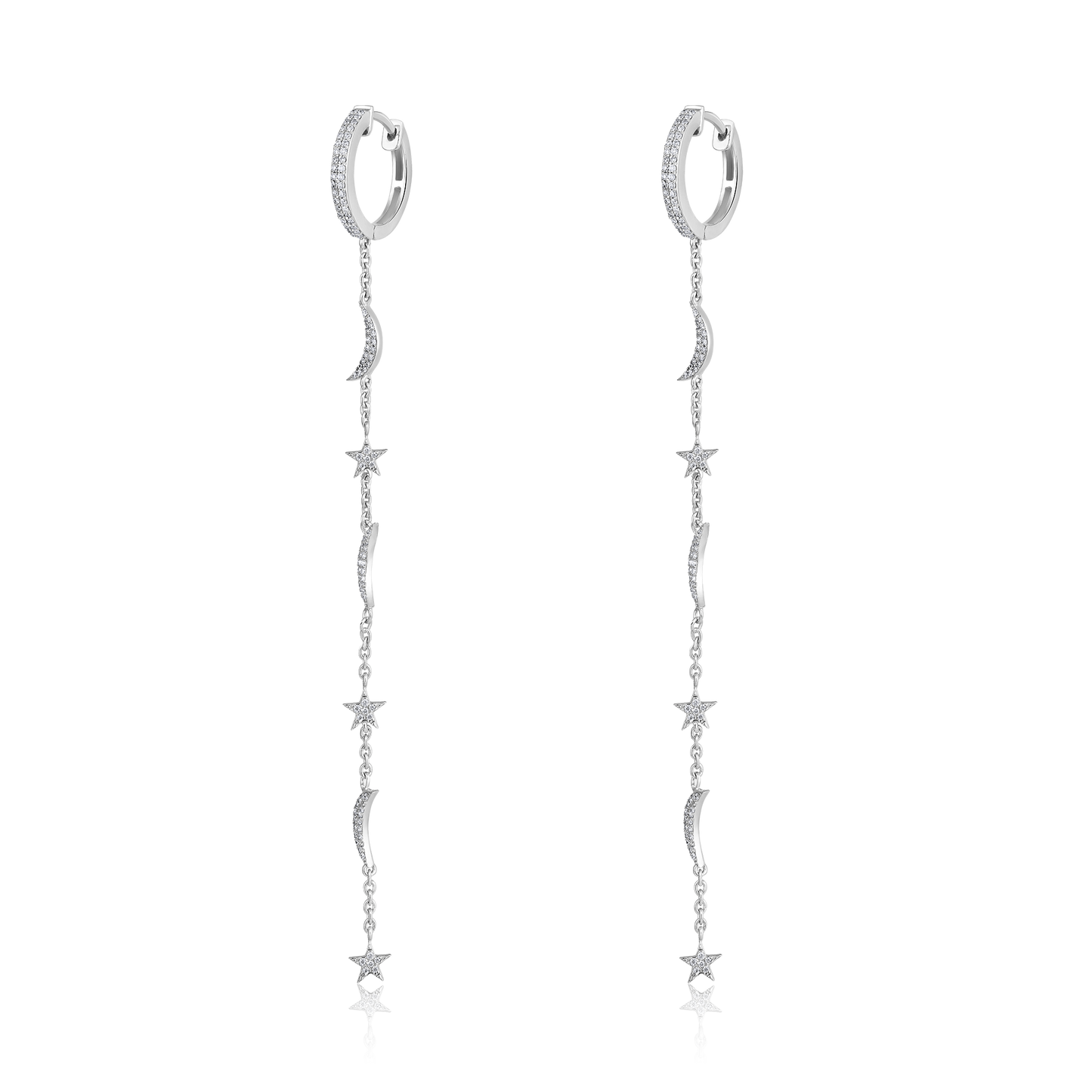 Solid Gold 0.34ct Natural Diamond Moon Star Drop Chain Huggie Earrings