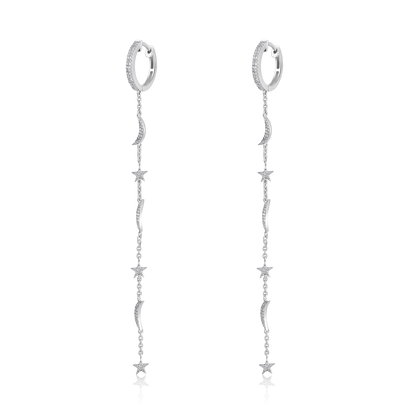 Solid Gold 0.34ct Natural Diamond Moon Star Drop Chain Huggie Earrings