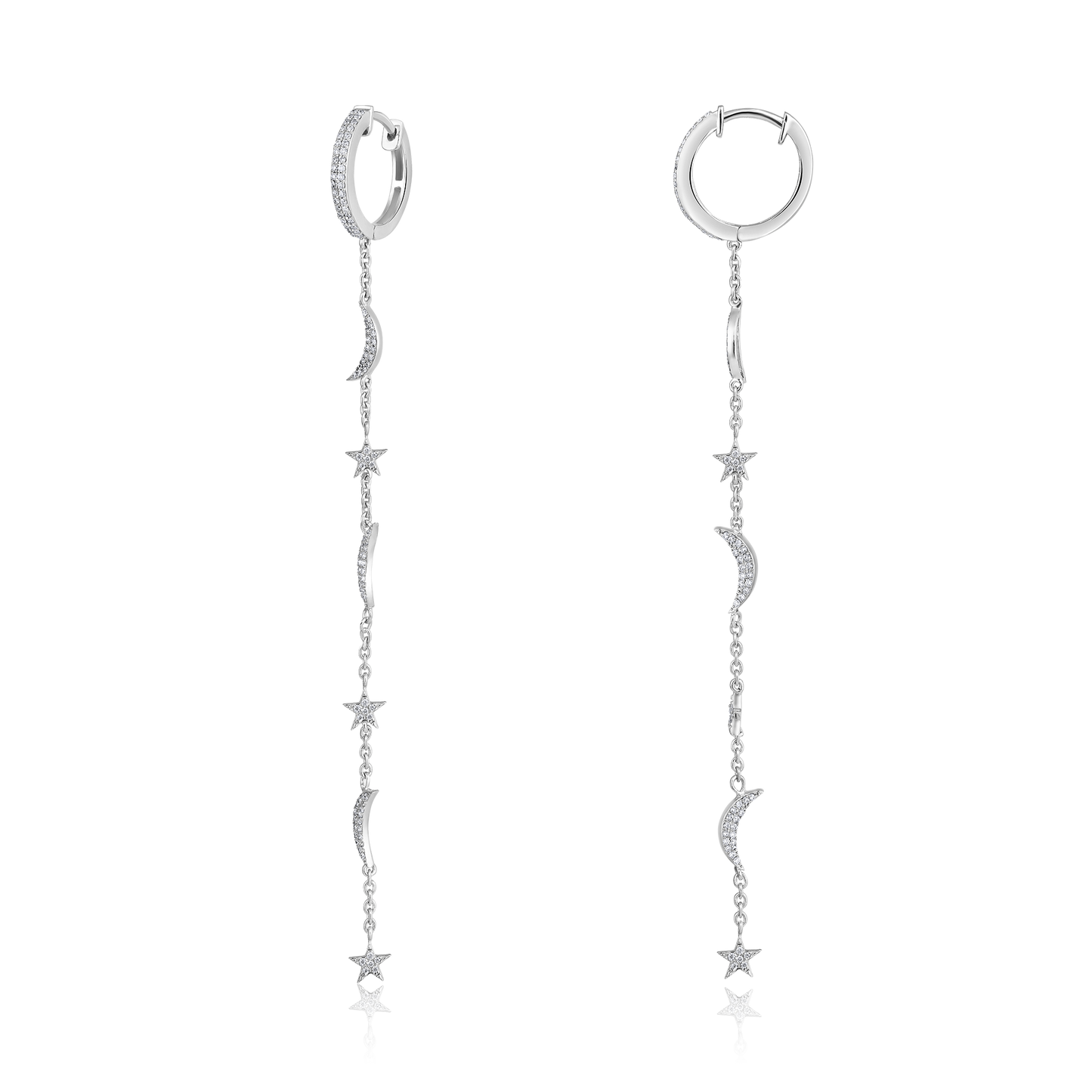 Solid Gold 0.34ct Natural Diamond Moon Star Drop Chain Huggie Earrings