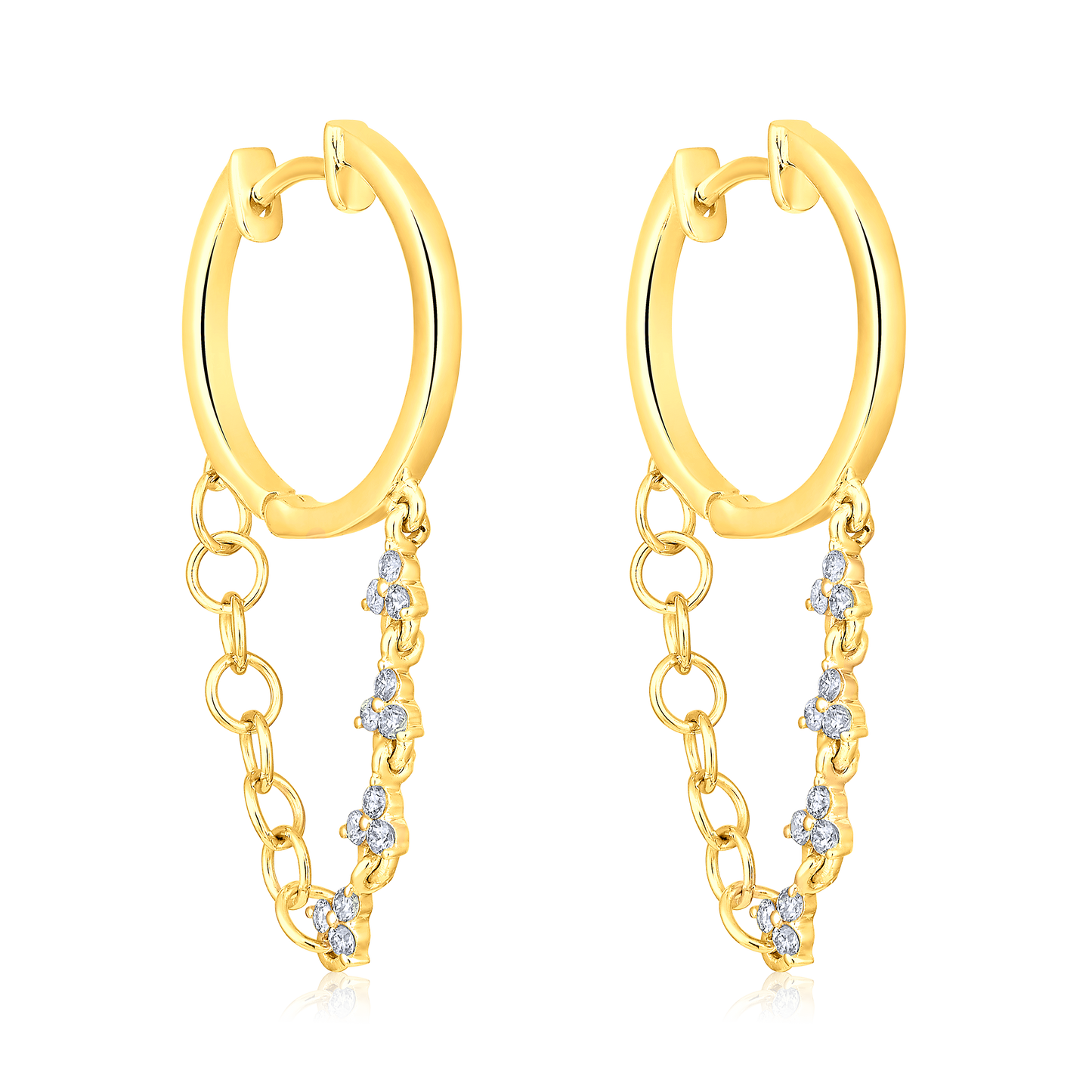 Solid Gold 0.2ct Natural Diamond Huggie Hoop Chain Drop Dangle Earrings