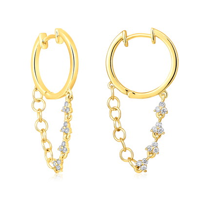 Solid Gold 0.2ct Natural Diamond Huggie Hoop Chain Drop Dangle Earrings