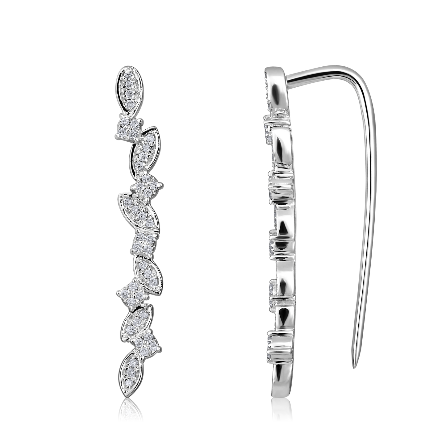 Solid Gold 0.13ct Natural Diamond Leaf Branch Climber Stud Earrings