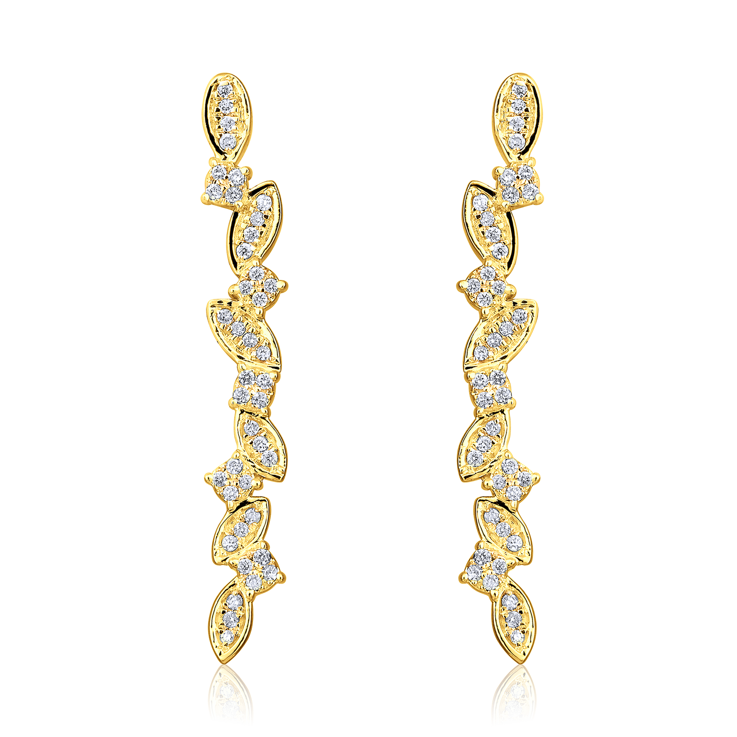 Solid Gold 0.13ct Natural Diamond Leaf Branch Long Climber Earrings