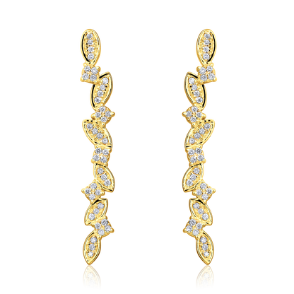 Solid Gold 0.13ct Natural Diamond Leaf Branch Long Climber Earrings