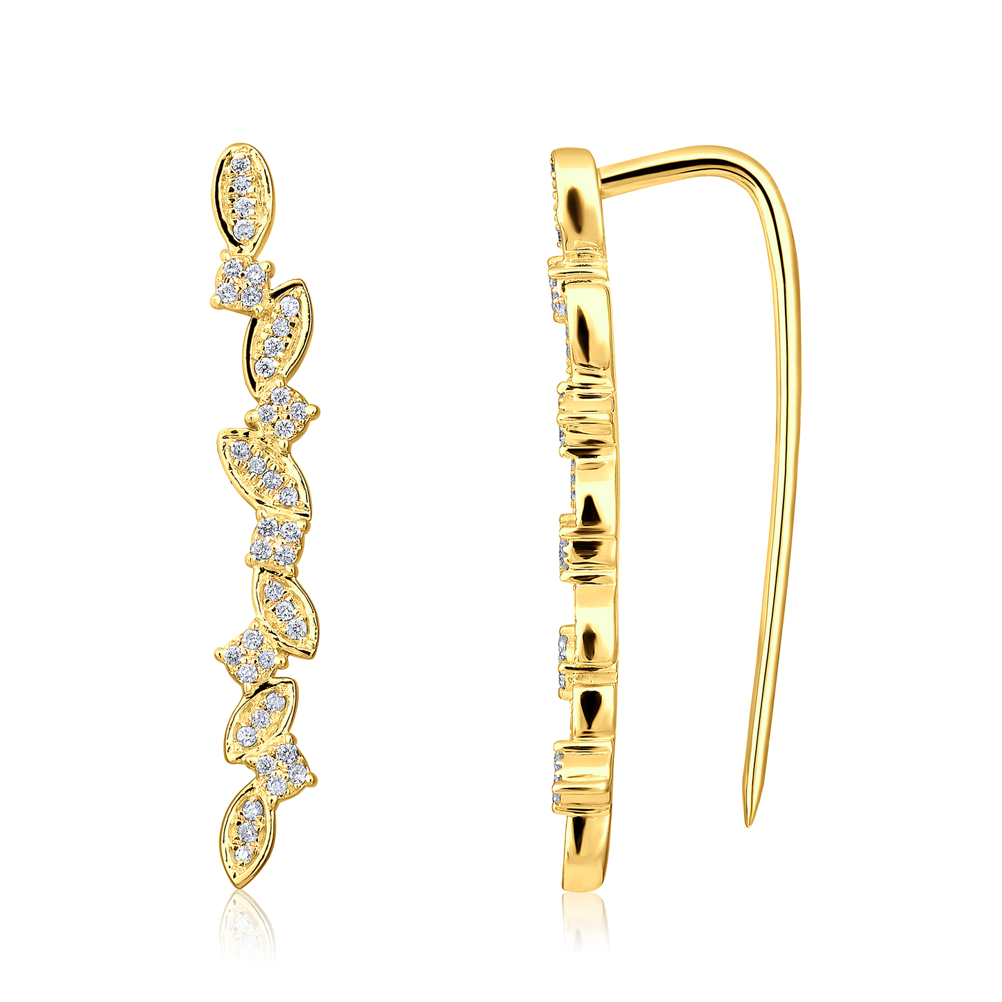 Solid Gold 0.13ct Natural Diamond Leaf Branch Long Climber Earrings