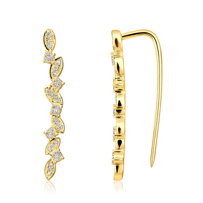 Solid Gold 0.13ct Natural Diamond Leaf Branch Long Climber Earrings