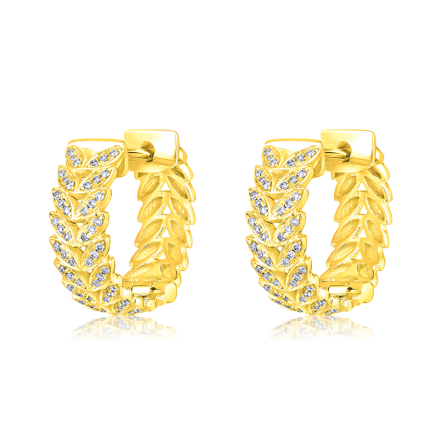 Solid Gold 0.2ct Natural Diamond Leaf Branch Thick Huggie Hoop Earrings