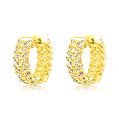 Solid Gold 0.2ct Natural Diamond Leaf Branch Thick Huggie Hoop Earrings