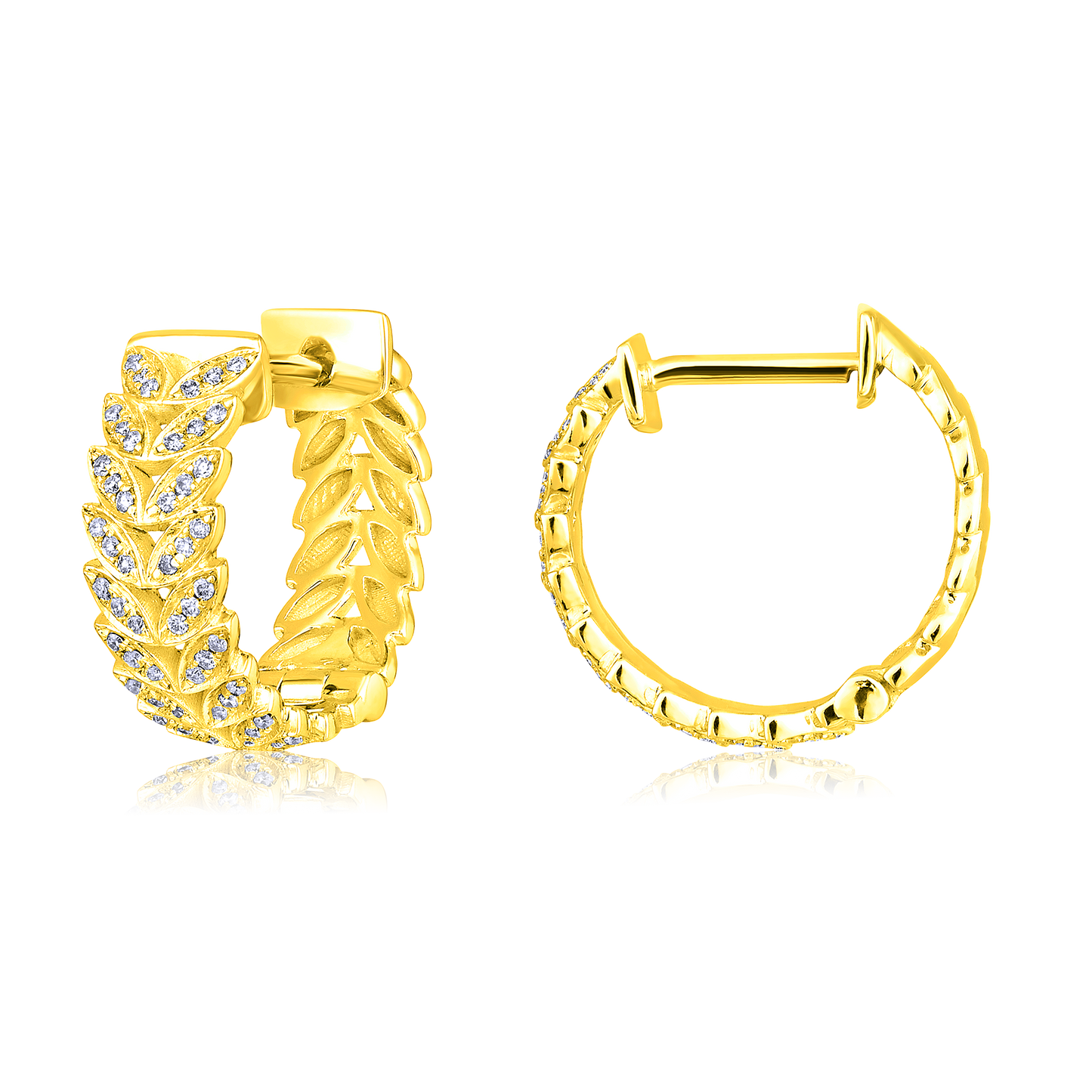 Solid Gold 0.2ct Natural Diamond Leaf Branch Thick Huggie Hoop Earrings