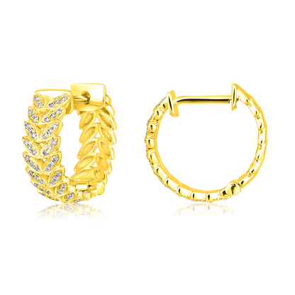 Solid Gold 0.2ct Natural Diamond Leaf Branch Thick Huggie Hoop Earrings