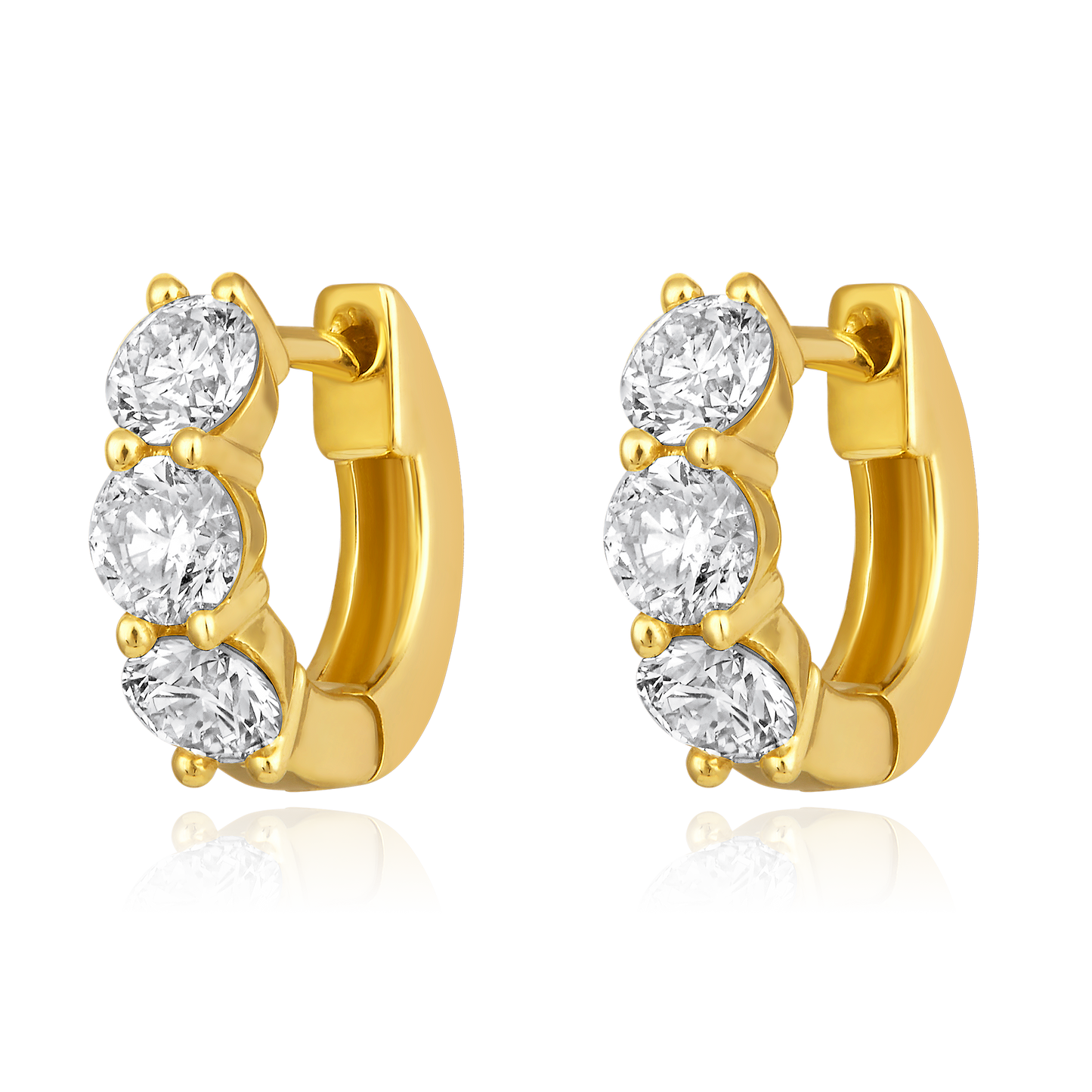 Solid Gold 1.2ct Natural Diamond 3 Stone Chunky Huggie Earrings
