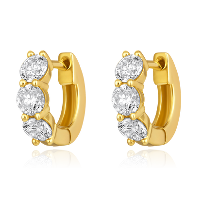 Solid Gold 1.2ct Natural Diamond 3 Stone Chunky Huggie Earrings