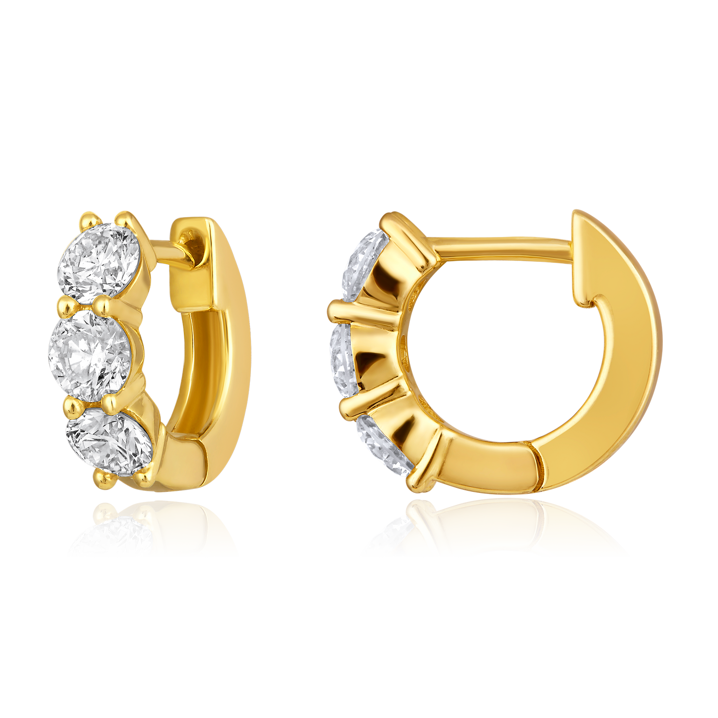 Solid Gold 1.2ct Natural Diamond 3 Stone Chunky Huggie Earrings