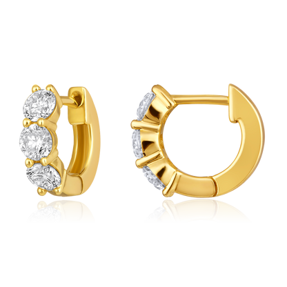 Solid Gold 1.2ct Natural Diamond 3 Stone Chunky Huggie Earrings