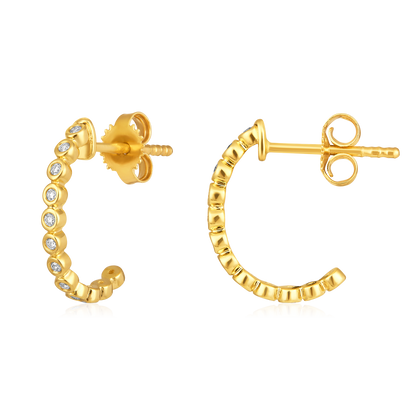 Solid Gold 0.11ct Natural Diamond Bead C Open Hoop Earrings