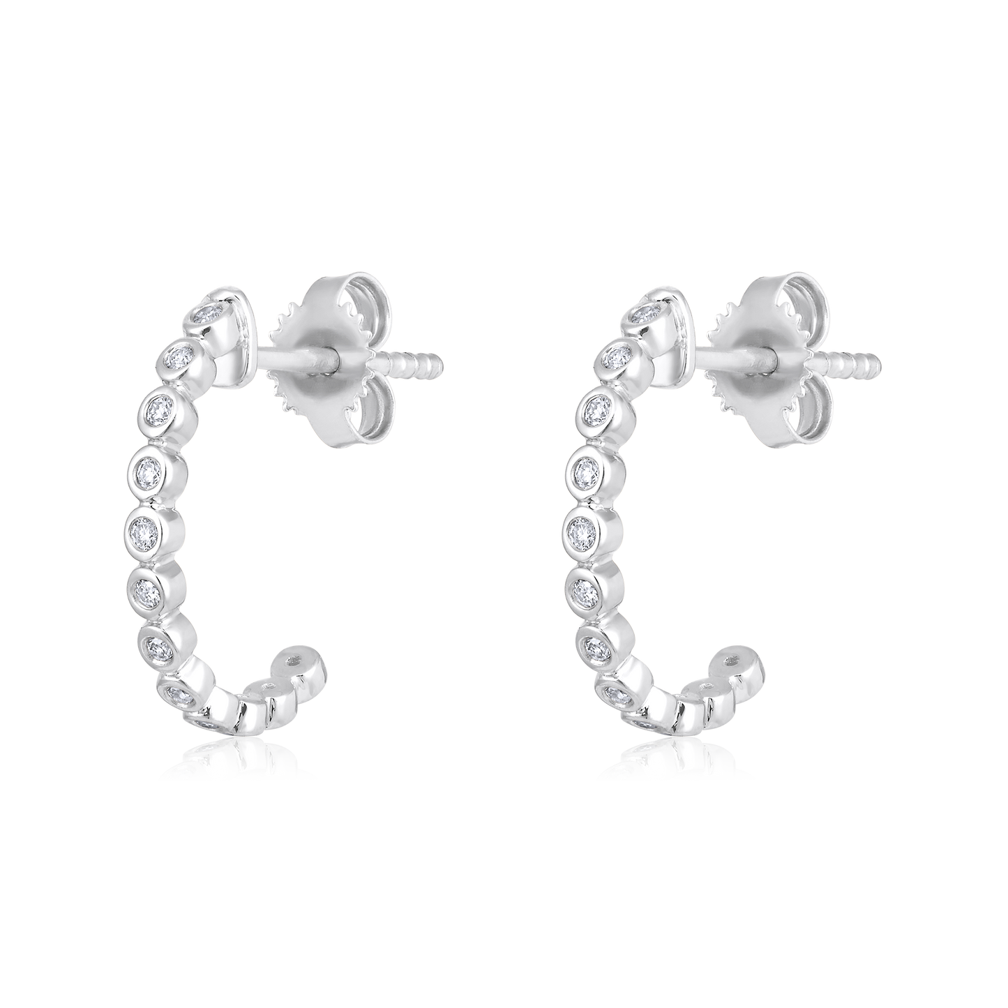 Solid Gold 0.12ct Natural Diamond Open Bezel Halo Beaded Huggie Earrings