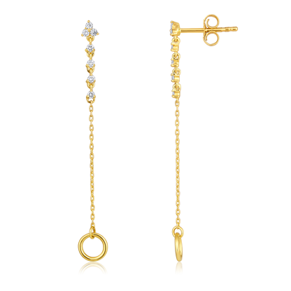 Solid Gold 0.3ct Natural Diamond 2in1 Loop Trio Chain Drop Earrings
