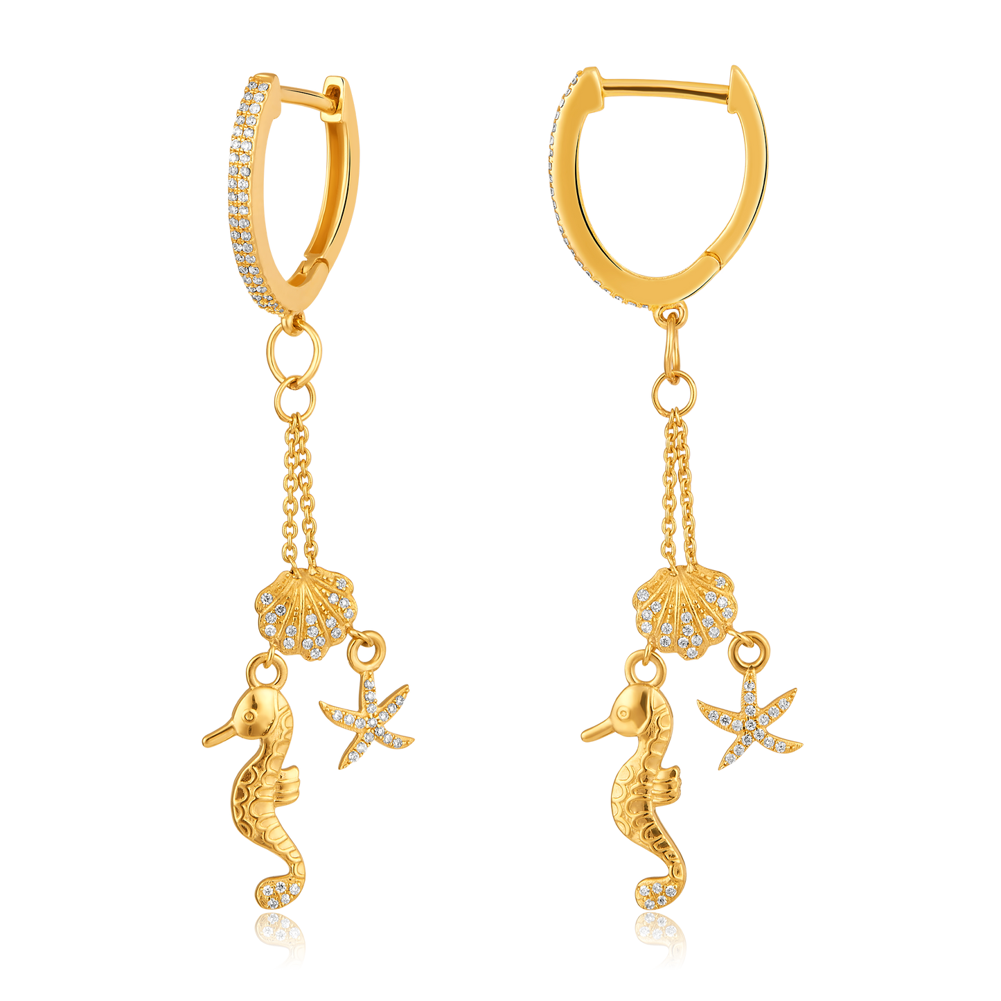 Solid Gold .3ct Natural Diamond Seahorse Shell Star Fish Huggie Earrings