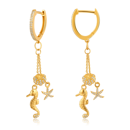 Solid Gold .3ct Natural Diamond Seahorse Shell Star Fish Huggie Earrings