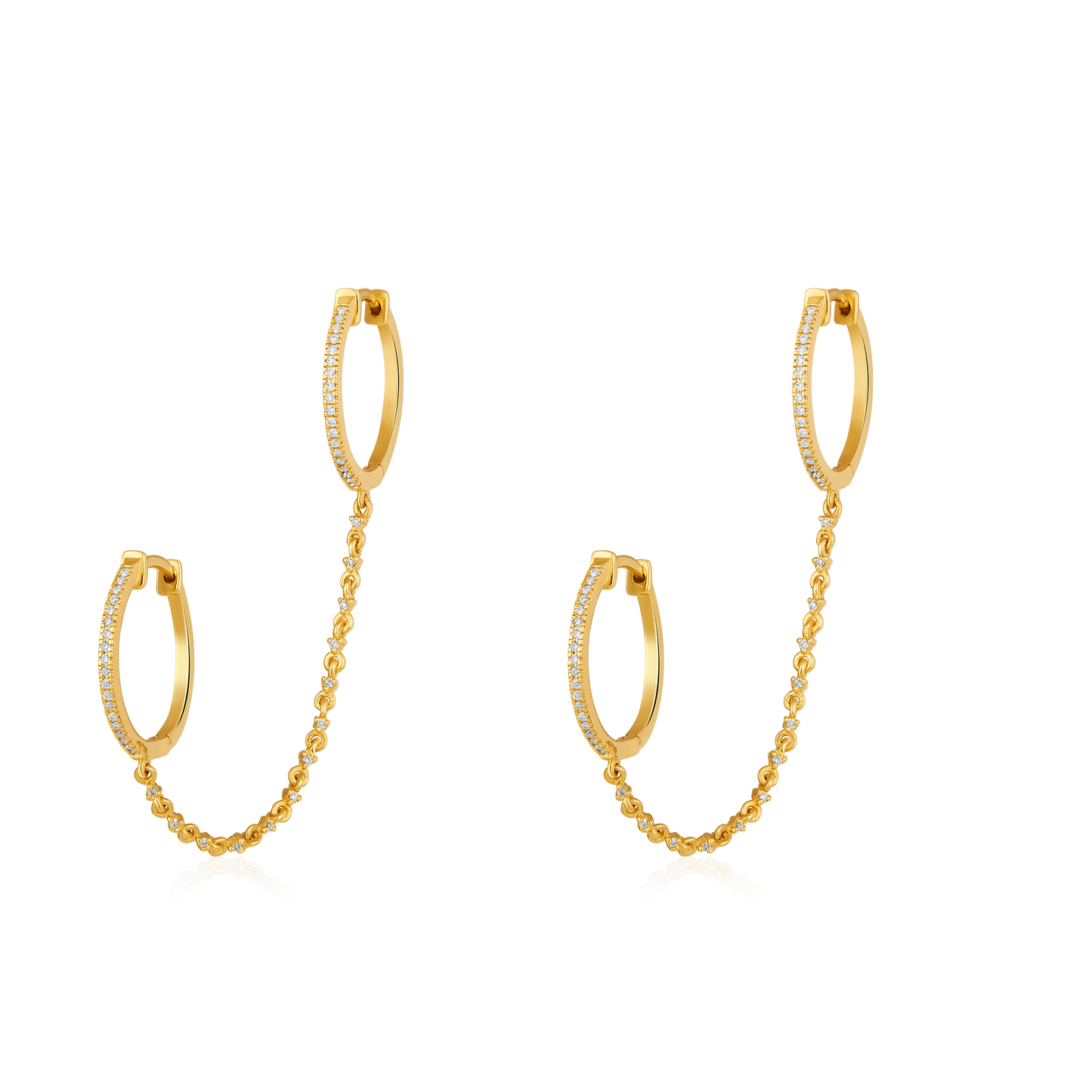 Solid Gold 0.2ct Natural Diamond Double Chain Huggie Earrings
