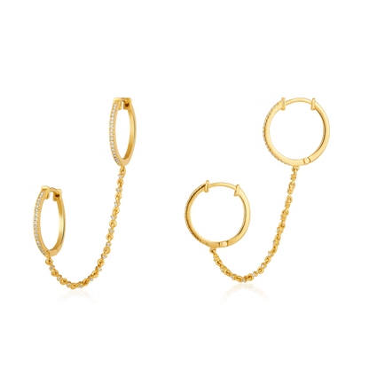 Solid Gold 0.2ct Natural Diamond Double Chain Huggie Earrings