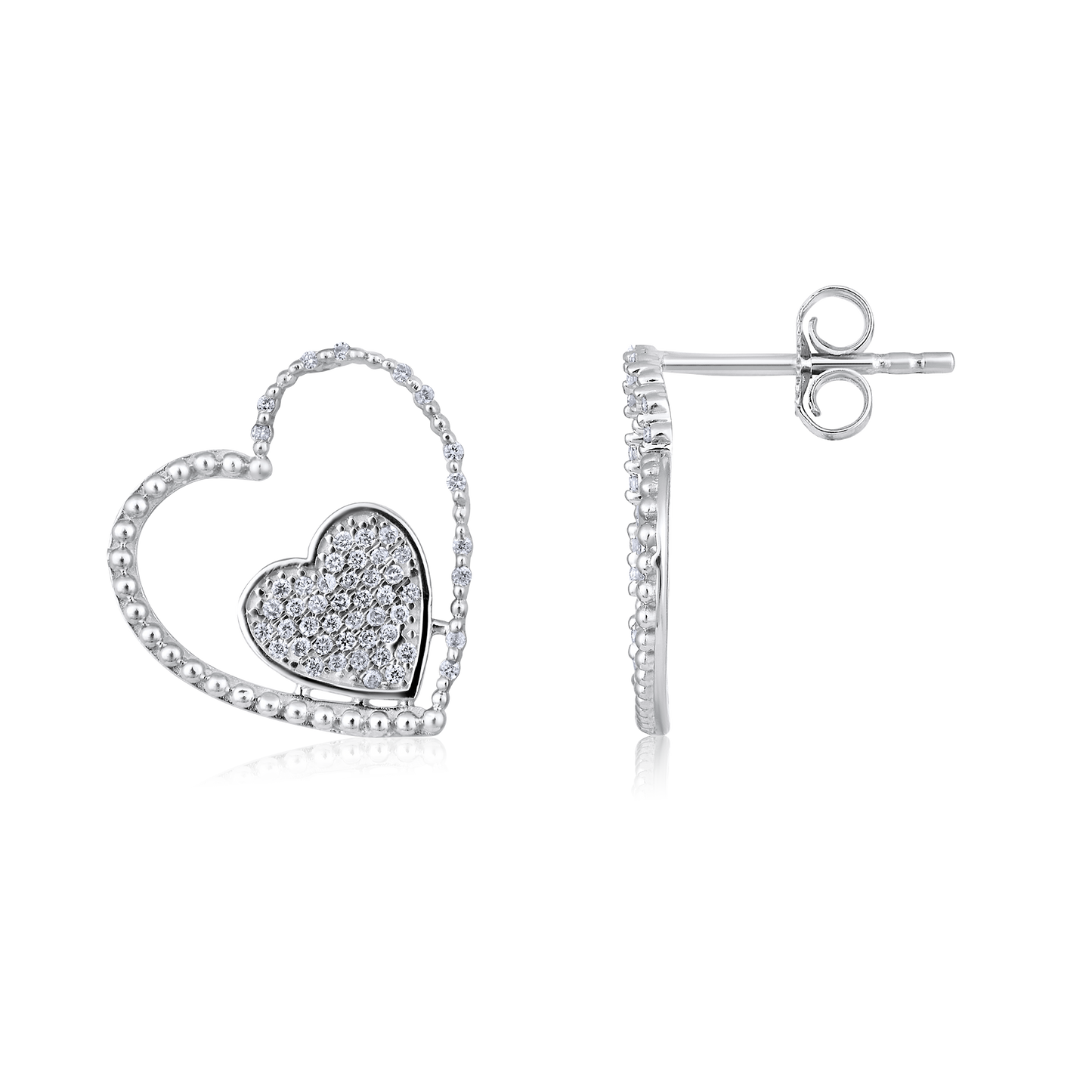 Solid Gold 0.21ct Natural Diamond Double Heart Stud Bead Earrings