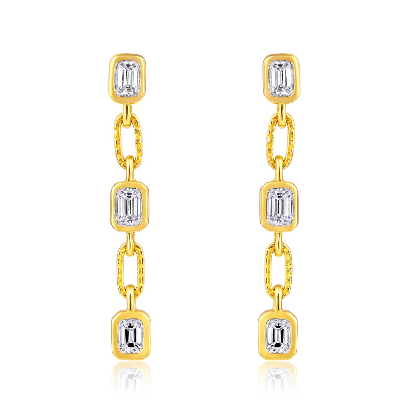 Solid Gold 1.34ct Natural Diamond Emerald Bezel Chain Link Long Earrings