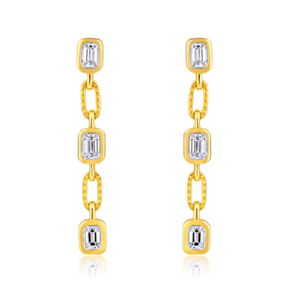 Solid Gold 1.34ct Natural Diamond Emerald Bezel Chain Link Long Earrings