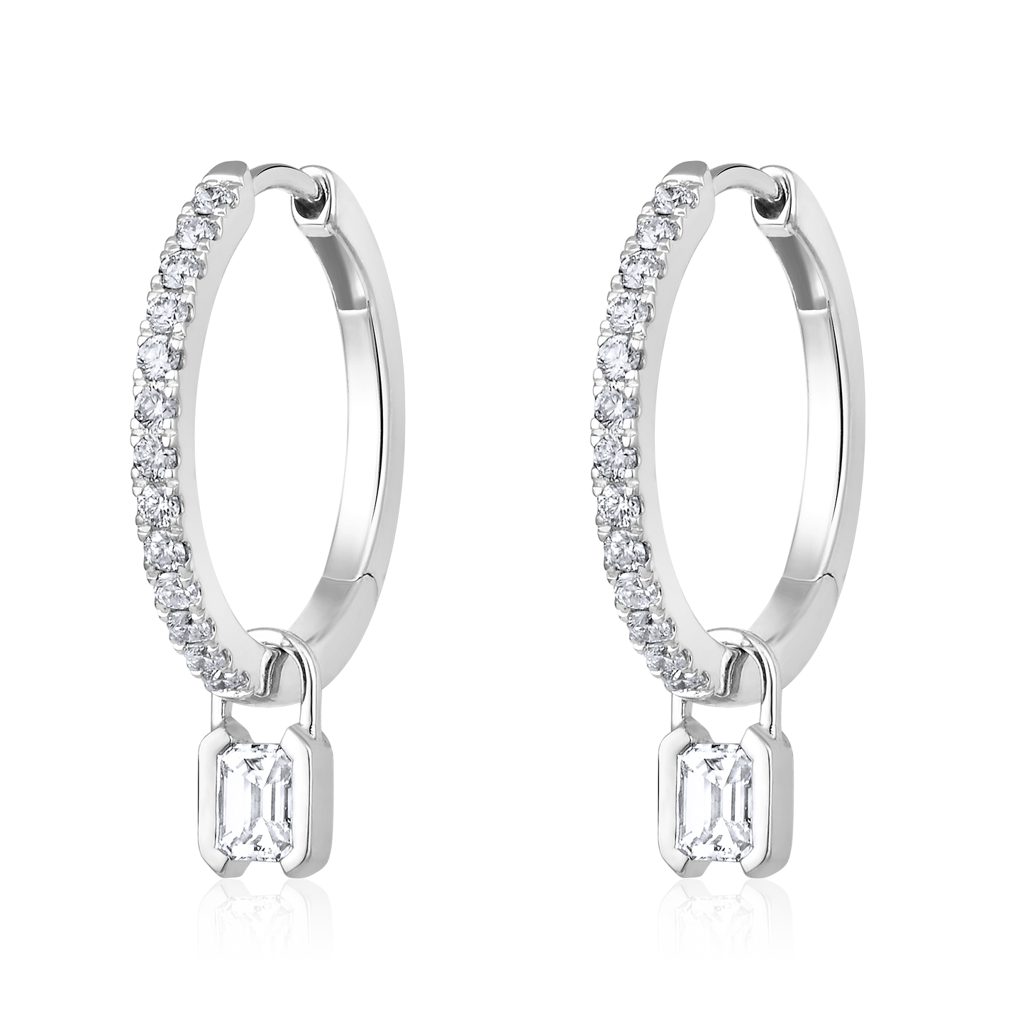 Solid Gold 0.63ct Natural Diamond Emerald Lock Charm Drop Hoop Earrings