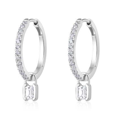 Solid Gold 0.63ct Natural Diamond Emerald Lock Charm Drop Hoop Earrings