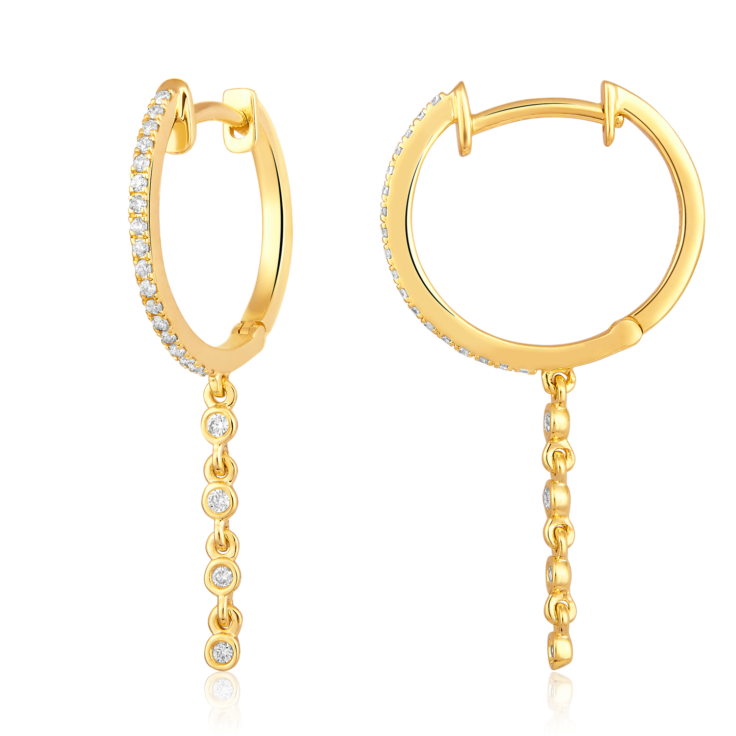 Solid Gold 0.2ct Natural Diamond Chain Drop Dangle Huggie Earrings