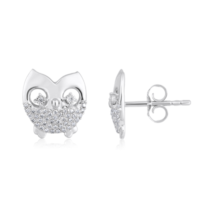 Solid Gold 0.2ct Natural Diamond Owl Stud Earrings