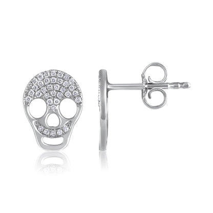 Solid Gold Natural Diamond Skull Small Charm Stud Earrings