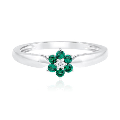 Solid Gold 0.21ct Natural Diamond w/ Emerald Flower Ring