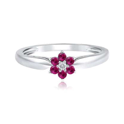 Solid Gold 0.23ct Natural Diamond w/ Ruby Flower Ring