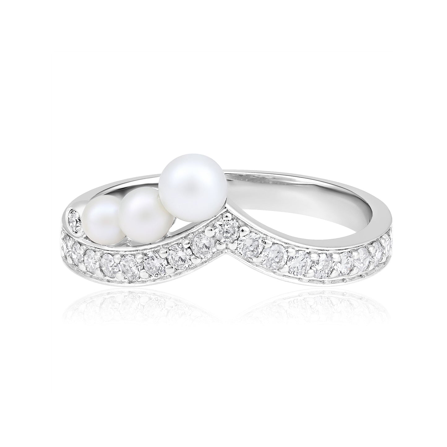 Solid Gold 1.3ct Natural Diamond w/ Pearls Cuved V Ring