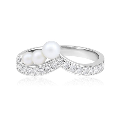 Solid Gold 1.3ct Natural Diamond w/ Pearls Cuved V Ring