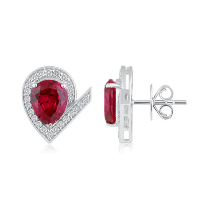 Solid Gold 4.5ct Natural Diamond w/ Ruby V Pear Stud Earrings