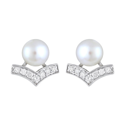 Solid Gold 3ct Natural Diamond w/ Cultured Pearls V Earrings