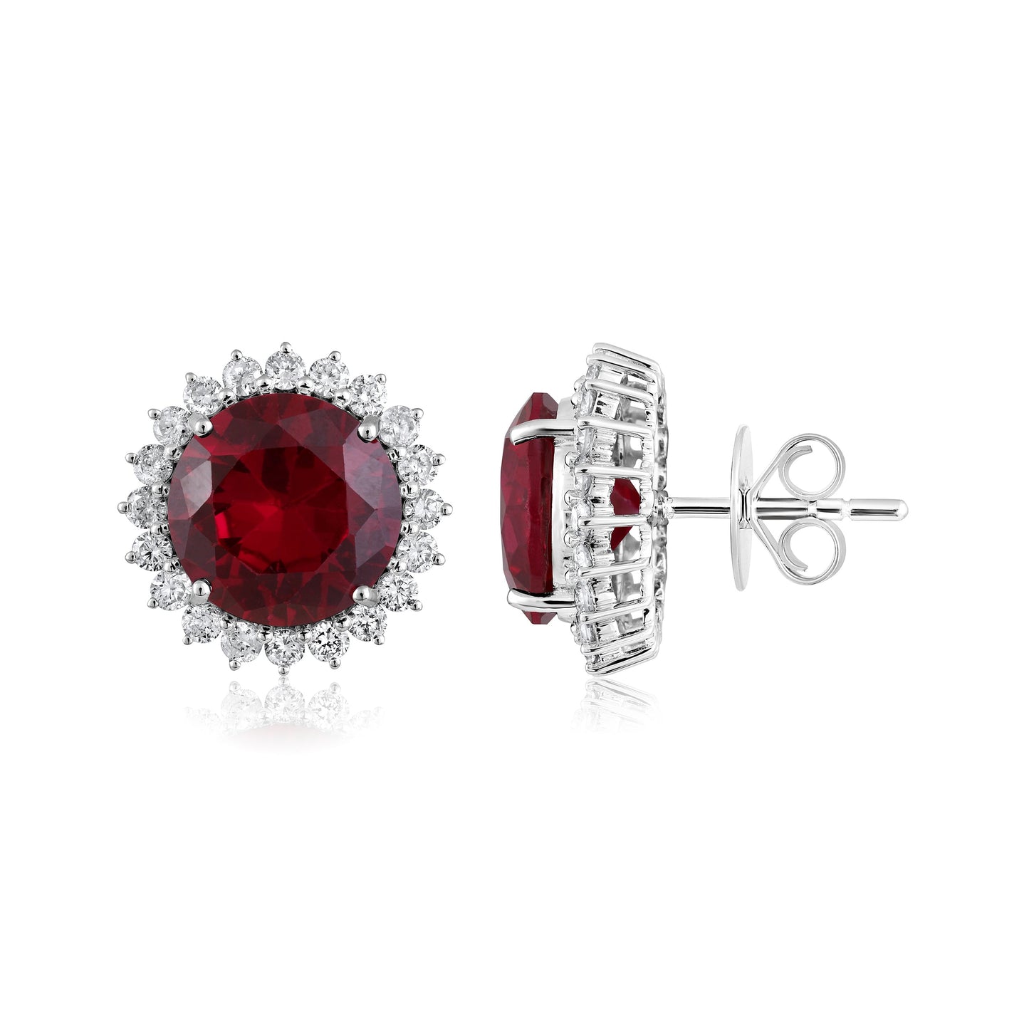 Solid Gold 10ct Natural Diamond w/ Ruby Flower Stud Earrings