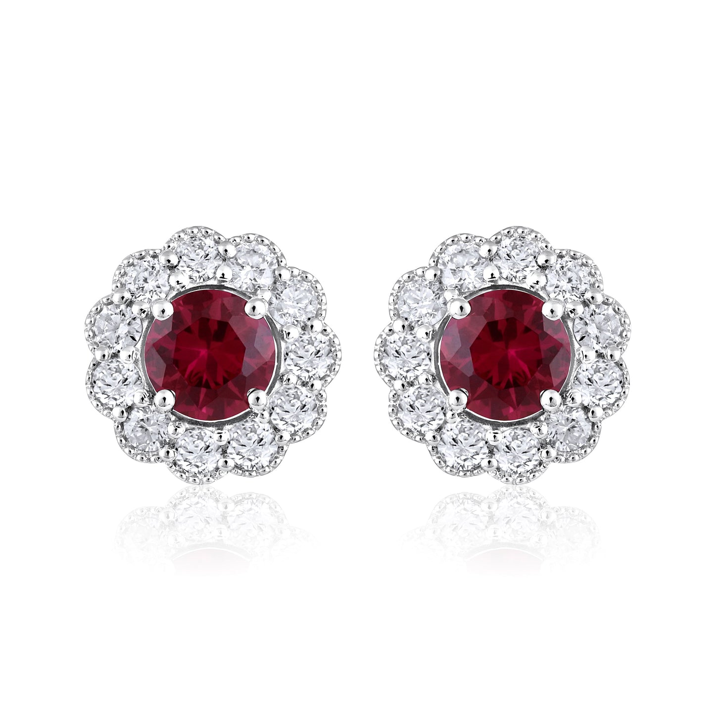 Solid Gold 1.8ct Natural Diamond w/ Ruby Flower Stud Earrings