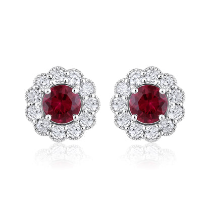 Solid Gold 1.8ct Natural Diamond w/ Ruby Flower Stud Earrings