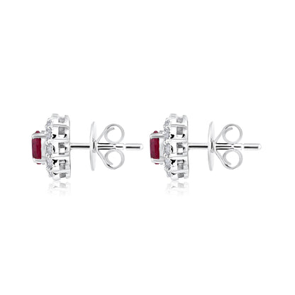 Solid Gold 1.8ct Natural Diamond w/ Ruby Flower Stud Earrings