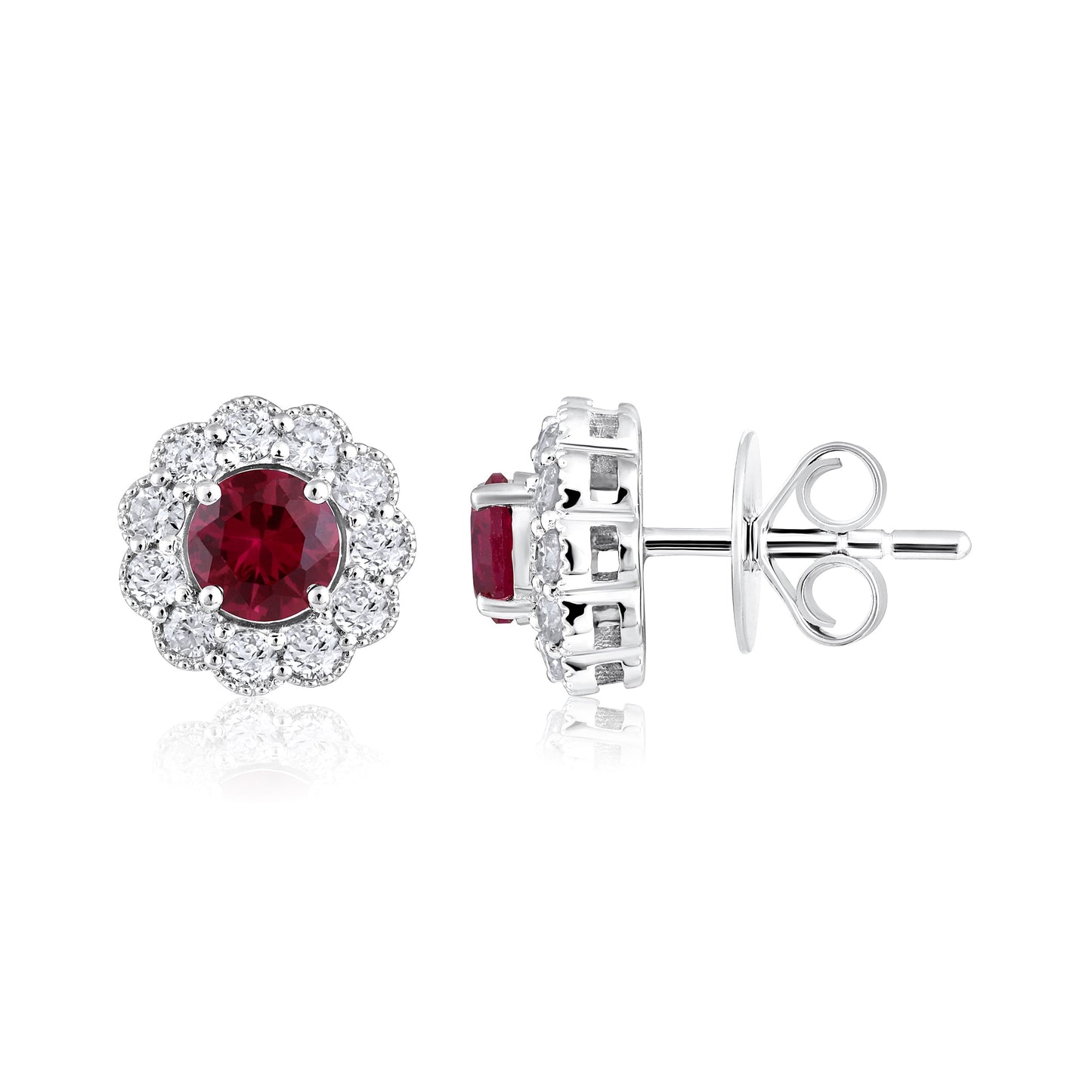 Solid Gold 1.8ct Natural Diamond w/ Ruby Flower Stud Earrings