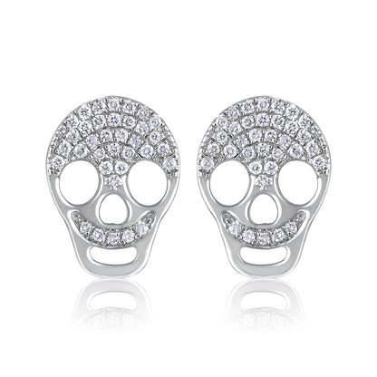 Solid Gold Natural Diamond Skull Small Charm Stud Earrings